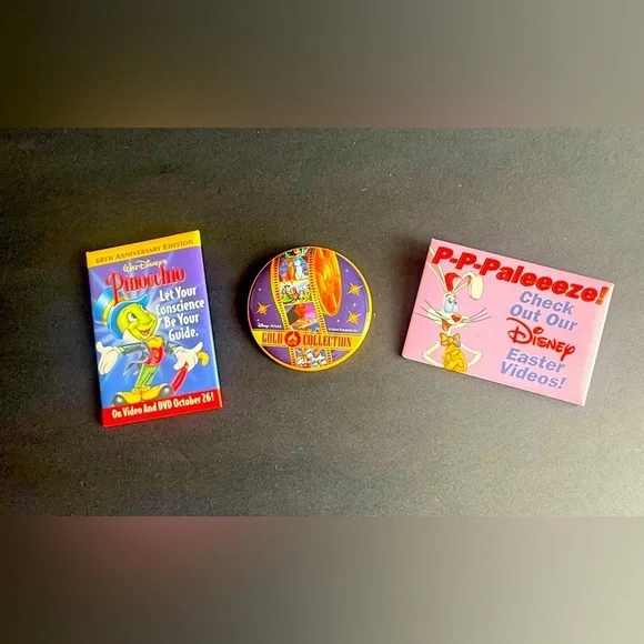 vintage Disney Easter Videos VHS pins pinback 3 Pieces - Picture 1 of 5